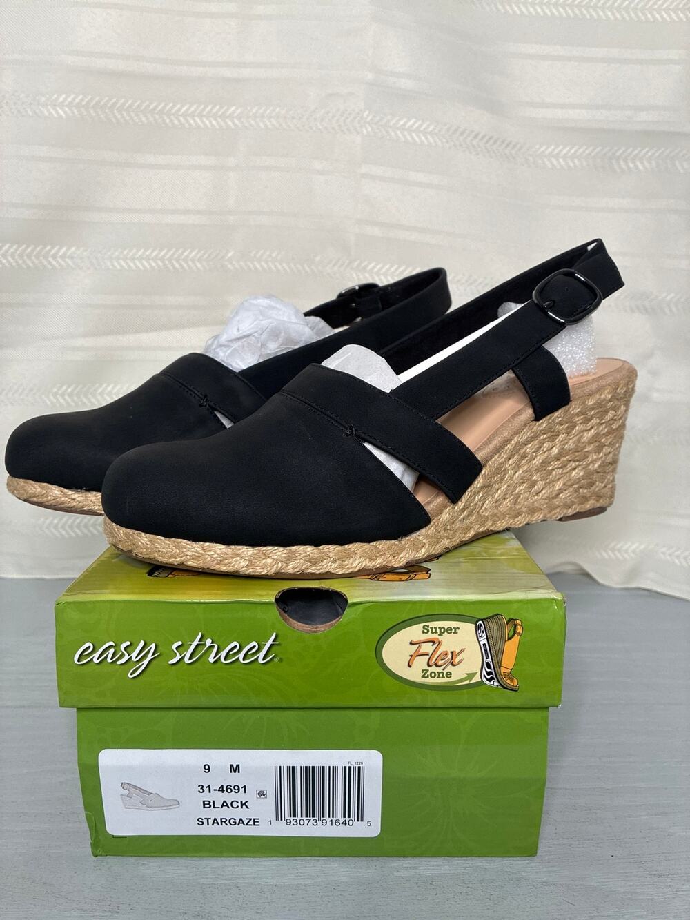Easy Street Stargaze Espadrille Wedge Sandals Black Womens Size 9M